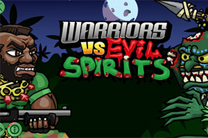 To krigere konfronterer hverandre med våpen, omringet av skog med månen i bakgrunnen; teksten Warriors vs Evil Spirits i midten