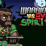 To krigere konfronterer hverandre med våpen, omringet av skog med månen i bakgrunnen; teksten Warriors vs Evil Spirits i midten