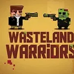 To pixel-figurer, en menneskelig og en grønn skapning, står med våpen mot hverandre over teksten Wasteland Warriors på en brun og gul bakgrunn