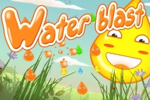 Et fargerikt landskap med glade dråpefigurer i oransje, omgitt av gress og blomster under en blå himmel, med teksten Water blast i oransje skrift