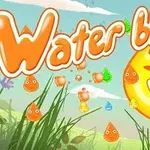Et fargerikt landskap med glade dråpefigurer i oransje, omgitt av gress og blomster under en blå himmel, med teksten Water blast i oransje skrift