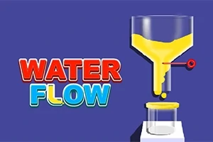 Tekst Water Flow i rødt og blått ved siden av et glass med gul væske som renner inn i en beholder, på en blå bakgrunn