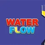 Tekst Water Flow i rødt og blått ved siden av et glass med gul væske som renner inn i en beholder, på en blå bakgrunn