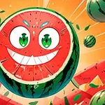 En tegnet vannmelon med et stort smilende ansikt og grønne øyne, omgitt av flere deler av vannmelon på en fargerik bakgrunn