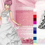 En illustrert figur med rosa hår iført en hvit kjole står foran en rosa bakgrunn med et utvalg av fargealternativer for kjoler på høyre side