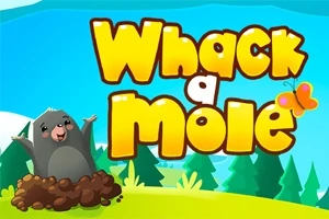 En muldvarp som stikker opp fra bakken foran en skog, med teksten Whack a Mole i fargerike bokstaver