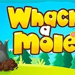 En muldvarp som stikker opp fra bakken foran en skog, med teksten Whack a Mole i fargerike bokstaver