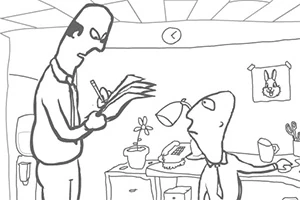 Whack Your Boss To personer i et tegnet kontor, en stÄr med papirer mens den andre sitter ved et skrivebord med planter, en lampe, en telefon og et bilde av en kanin pÄ veggen