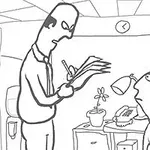 Whack Your Boss To personer i et tegnet kontor, en stÄr med papirer mens den andre sitter ved et skrivebord med planter, en lampe, en telefon og et bilde av en kanin pÄ veggen