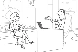 Whack Your PC En tegneserieillustrasjon av en kvinne og en mann som har en samtale pÄ et kontor med en bÊrbar datamaskin pÄ skrivebordet