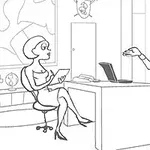 Whack Your PC En tegneserieillustrasjon av en kvinne og en mann som har en samtale pÄ et kontor med en bÊrbar datamaskin pÄ skrivebordet