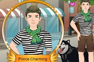 Illustrasjon av en mann i stripete t-skjorte og grønt skjerf ved siden av en hund, med tekst Prince Charming nedenfor