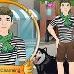 Illustrasjon av en mann i stripete t-skjorte og grønt skjerf ved siden av en hund, med tekst Prince Charming nedenfor
