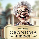 En smilende eldre kvinne med briller foran et stort, hvitt hus med teksten Whats Grandma Hiding?