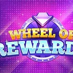 Fargerik tekst med Wheel of Rewards på en lilla bakgrunn med sirkulært design i midten