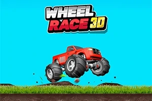 Rødt monstertruck med store hjul svever over bakken mot en lys blå bakgrunn, med teksten Wheel Race 3D øverst