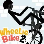En stilisert figur på en sykkel i en wheelie-posisjon, med teksten Wheelie Bike 2 nederst i bildet