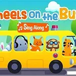 Gul buss med ulike dyr som passasjerer og teksten Wheels on the Bus øverst