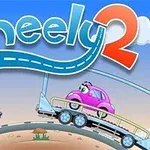 To biler med øyne på en humpete vei under en blå himmel med teksten Wheely 2 i bakgrunnen