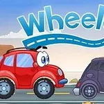 To tegneseriebiler med ansikter, en rød og en svart, på en vei med teksten Wheely 3 øverst