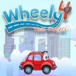 Rød bil med øyne foran futuristisk bylandskap og teksten Wheely 4: Time Travel i bakgrunnen