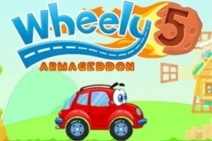 Rød tegneseriebil med øyne og teksten Wheely 5 Armageddon i en fargerik bakgrunn med en vindmølle
