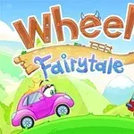 To biler med ansikter, en rosa med krone og en rød med rustning, på en bakgrunn av grønne åser og blå himmel med teksten Wheely 6 Fairytale øverst