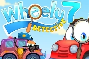 To biler med tegneserieøyne og forstørrelsesglass på en fargerik bakgrunn med teksten Wheely 7 Detective