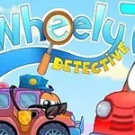 To biler med tegneserieøyne og forstørrelsesglass på en fargerik bakgrunn med teksten Wheely 7 Detective