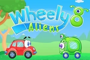 Rød bil og grønn romvesenbil med store øyne foran Wheely 8 Aliens-tittelen i en tegnet skogsomgivelse