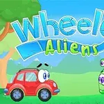 Rød bil og grønn romvesenbil med store øyne foran Wheely 8 Aliens-tittelen i en tegnet skogsomgivelse