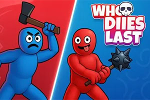 Who Dies Last To tegneseriefigurer, en blå med en øks og en rød med en klubbe, med teksten Who Dies Last i bakgrunnen