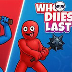 Who Dies Last To tegneseriefigurer, en blå med en øks og en rød med en klubbe, med teksten Who Dies Last i bakgrunnen