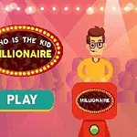 Animasjonsstil av en spillscene med en person som står ved en pult, med teksten Who is the Kid Millionaire og en Play-knapp synlig