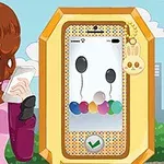 Tegnet jente med langt brunt hår holder en smarttelefon ved siden av et spillpanel med ballonger