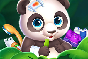 En søt panda med et plaster på hodet holder en grønn bambusstilk omgitt av blader og ulike gjenstander som tannbørste og klær