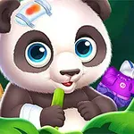 En søt panda med et plaster på hodet holder en grønn bambusstilk omgitt av blader og ulike gjenstander som tannbørste og klær