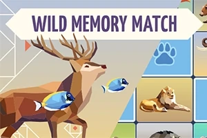 En illustrasjon med et polygonstilt hjort, fisk og flere dyreikoner i et rutenett med teksten Wild Memory Match øverst
