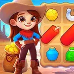 En tegneseriefigur kledd som en cowboy står ved siden av et rutenett med ulike symboler som dynamitt, gullklumper og en hestesko, med tallet to i høyre hjørne