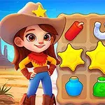 Cowboyjente ved siden av et brett med ikoner som stjerner, hestesko og poser med penger i en fargerik tegneseriestil