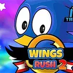 En tegneserie-aktig fugl med blå fjær og store øyne ved siden av en ring med teksten Wings Rush 2 og en krone i hjørnet