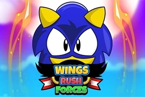 Blå tegneseriefigur med gule ører og store øyne, med teksten Wings Rush Forces under