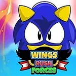 Blå tegneseriefigur med gule ører og store øyne, med teksten Wings Rush Forces under