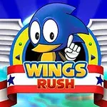 Blå fugl med hvite vinger og banner med teksten Wings Rush