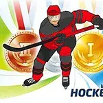 En ishockeyspiller i rødt og svart utstyr holder en kølle, med medaljer i bakgrunnen