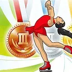 Kvinne i rød kjole og skøyter gjør en piruett med medaljer i gull, sølv og bronse i bakgrunnen