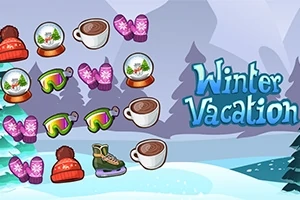 Vintertema med snøkule, varm drikk, votter, skiutstyr, lue, skøyte og teksten Winter Vacation i bakgrunnen