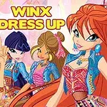 Fargerik illustrasjon av fire animerte figurer i moteriktige antrekk med teksten Winx Dress Up over dem