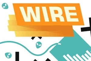 Grafisk illustrasjon med ordet WIRE skrevet i store bokstaver på en oransje bakgrunn, omgitt av geometriske former og linjer i blått, sort og hvitt