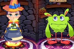 En heks står ved en gryte som lyser, mens et grønt monster med store ører står ved siden av henne i et stensatt rom med halloween-dekor